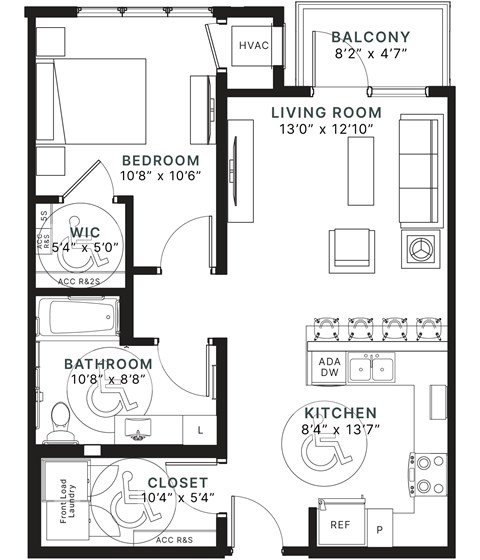 Floor plan for 1 bed, 1 bath, 759 sqft